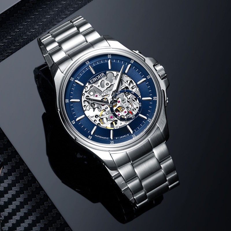 依波(EBOHR)探索者系列男士自动机械表国表新潮镂空防水钢带手表送男友礼物 蓝盘钢带男表 51280314