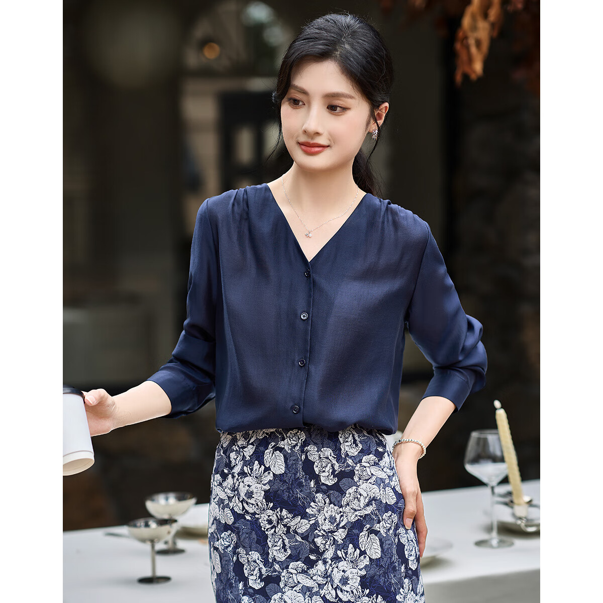 米思阳2026新款简约气质衬衫遮肉显瘦高级感小衫上衣女早秋 藏蓝色 2XL