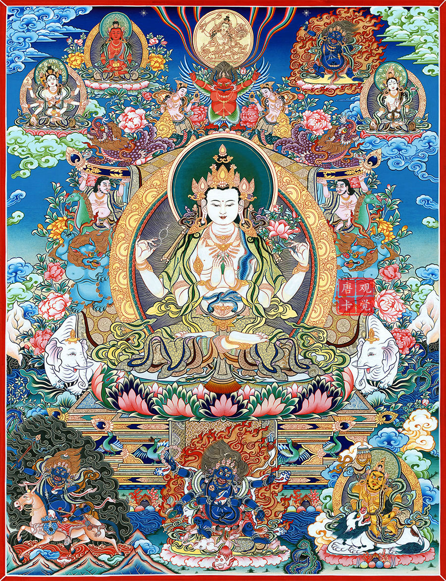 周末岛四臂观音菩萨画像西藏热贡精品手绘复制客厅玄关供奉装饰挂画