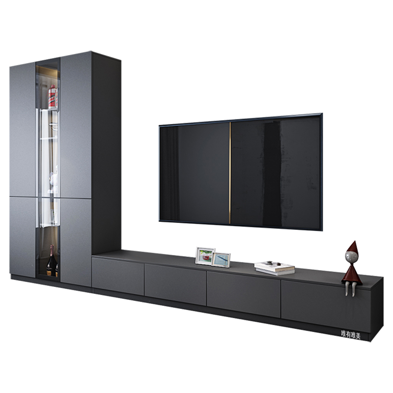 百意空间 客厅电视柜现代简约卧室茶几组合墙柜轻奢落地储物柜高柜 L1 深灰色 长2400*400*270mm