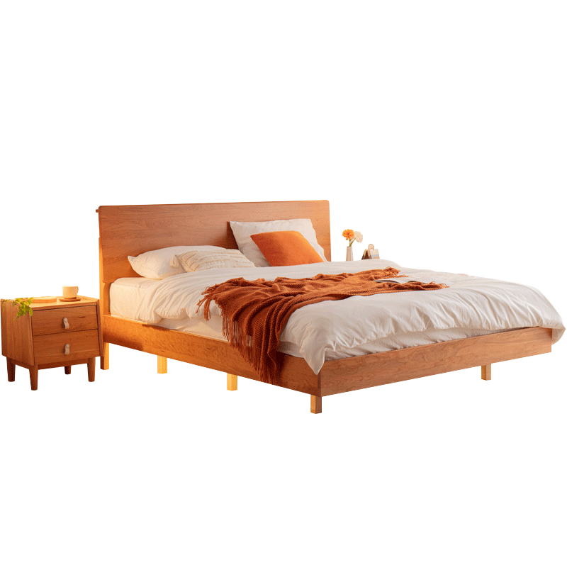 费杰罗 实木床 北欧简约现代樱桃木1.5米1.8米现代日式小户型鱼骨床箱体原木床 H2201# 1.8m单床