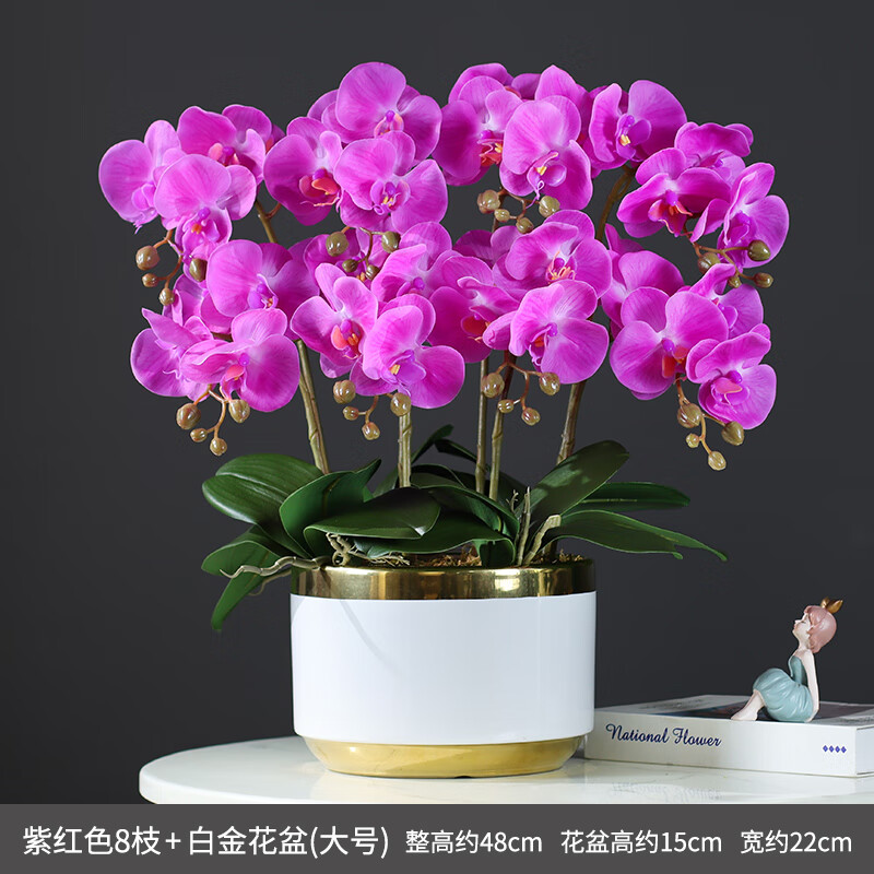 泰錦瑞假花仿真花高仿真蝴蝶蘭3D手感保濕蘭花裝飾家居客廳酒店前臺(tái)插花 紫紅色8枝蝴蝶蘭款 -白金盆/單面
