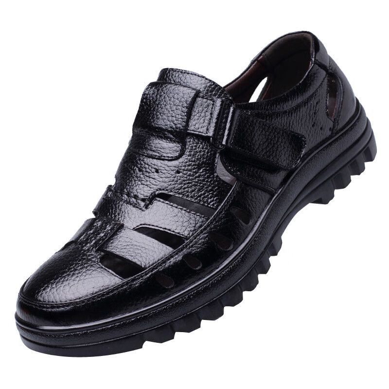 西域骆驼高端品质中老年真皮透气包头凉鞋软底圆头大头宽头中年男士凉