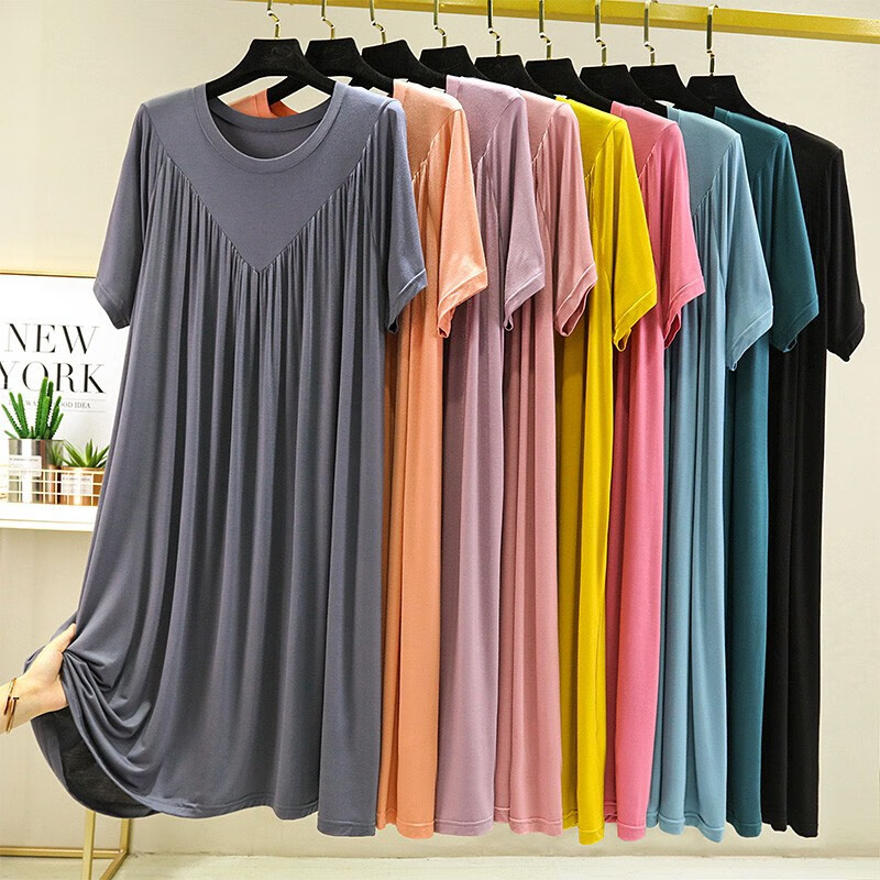 莫代尔夏薄款大码连衣裙女加肥加大中长睡衣裙百褶家居裙宽松睡裙 黑色 L（建议100-200斤