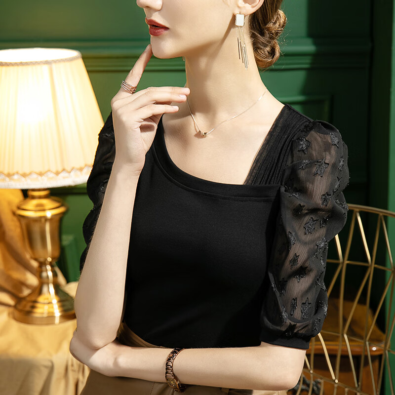 bicify五分袖t恤女大领口夏季泡泡袖方领网纱小众中袖上衣休闲显瘦