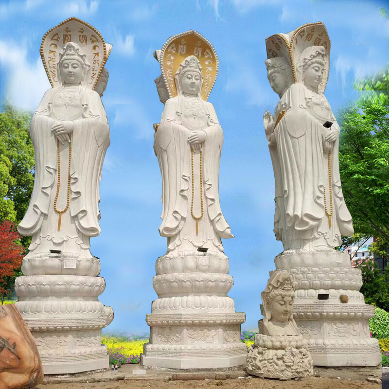 瀛乐 石雕观音汉白玉三面观音佛像大理石菩萨佛像寺庙观音像厂家供应