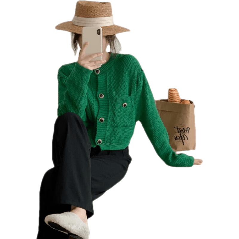 LA CHAPELLE HOMME拉夏贝尔旗下  新款女毛衣复古感韩版短款针织开衫法式上衣 绿色 均码 74元