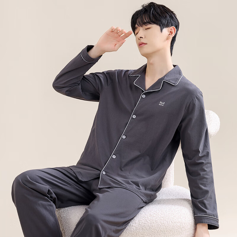 猫人纯棉家居服纽扣款 160g 云感睡衣 可外穿保暖家居服套装 深蓝 XL