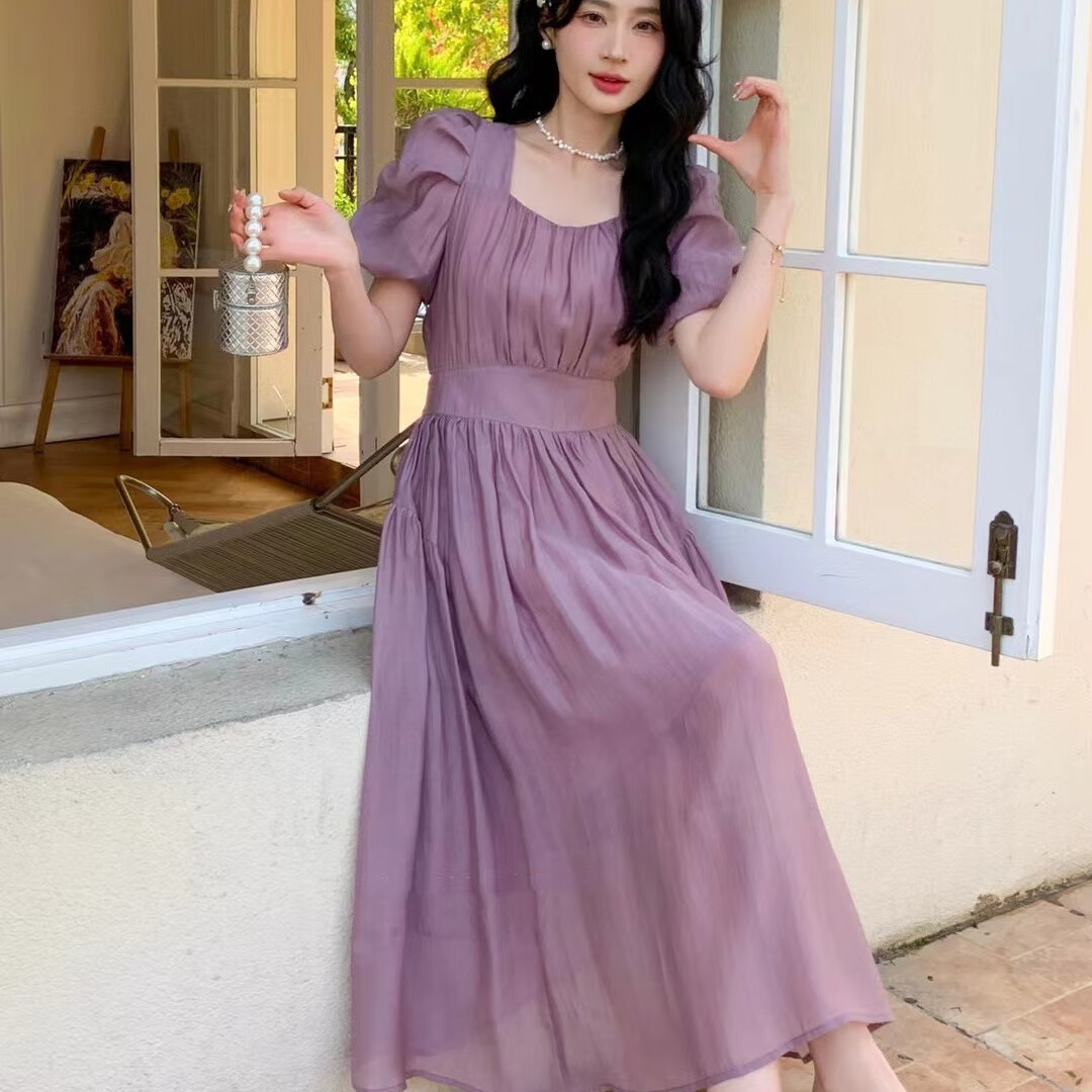 踏丽虹连衣裙2023夏天款女装气质女神范长款泡泡袖方领气质连衣裙女夏