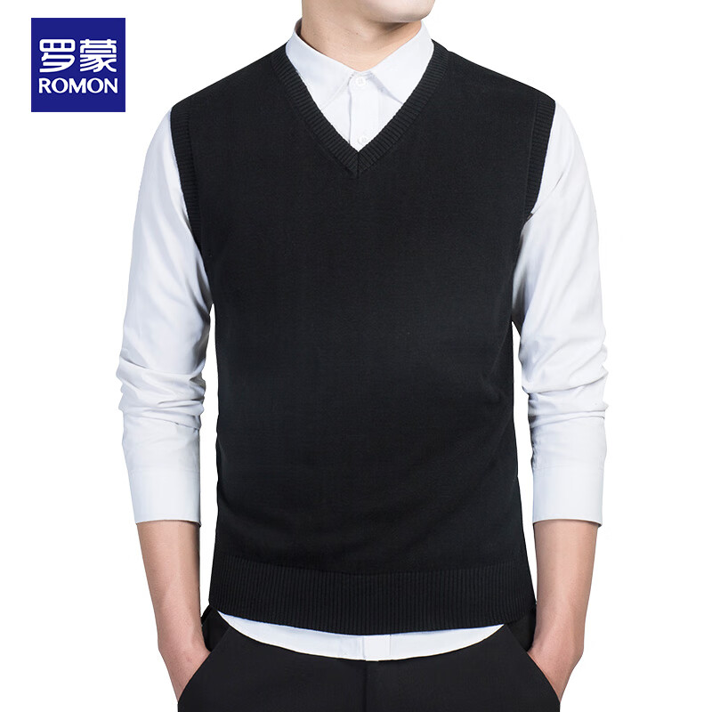 罗蒙ROMON 马甲男背心秋冬季纯棉套头V领针织衫坎肩爸爸装上衣内搭男式毛衣男 XR7789 黑色 L 