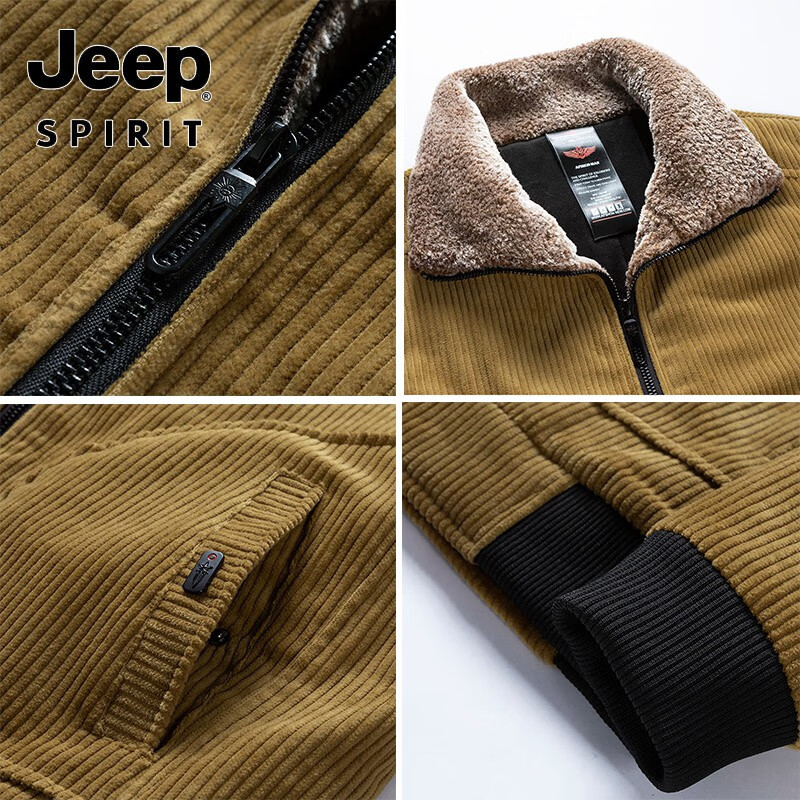 JEEP棉衣男冬季新款保暖外套新款灯芯绒加绒加厚休闲毛领大码纯棉外套 黑色【加棉加绒款】 L