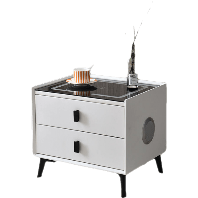 苏购 智能床头柜实木现代简约带灯指纹锁无线充电蓝牙音响多功能床头柜 羽毛白(长40宽40高46)需要50长度备注 【半实木】三色灯+无线充电+USB插排