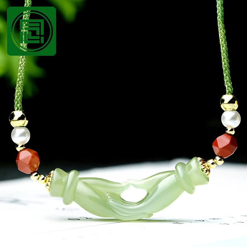 念玉珠宝天然和田玉项链女士男款佛手挂件翠青玉吊坠立体双手玉石一生