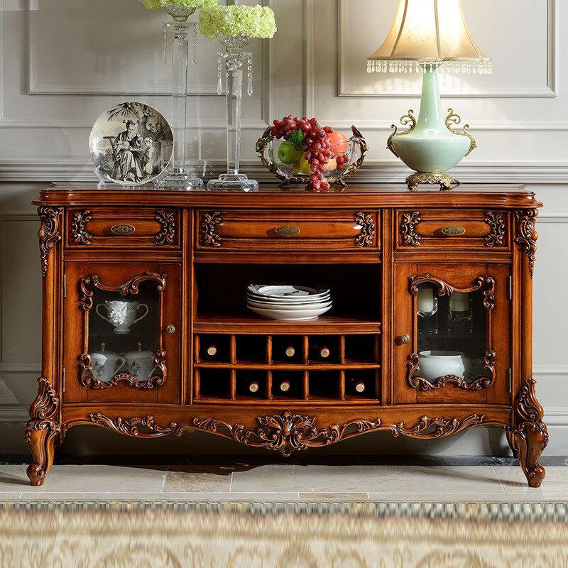 首杰欧式整装雕花餐边柜碗柜美式做旧高档茶水柜家用餐厅收纳柜酒水柜