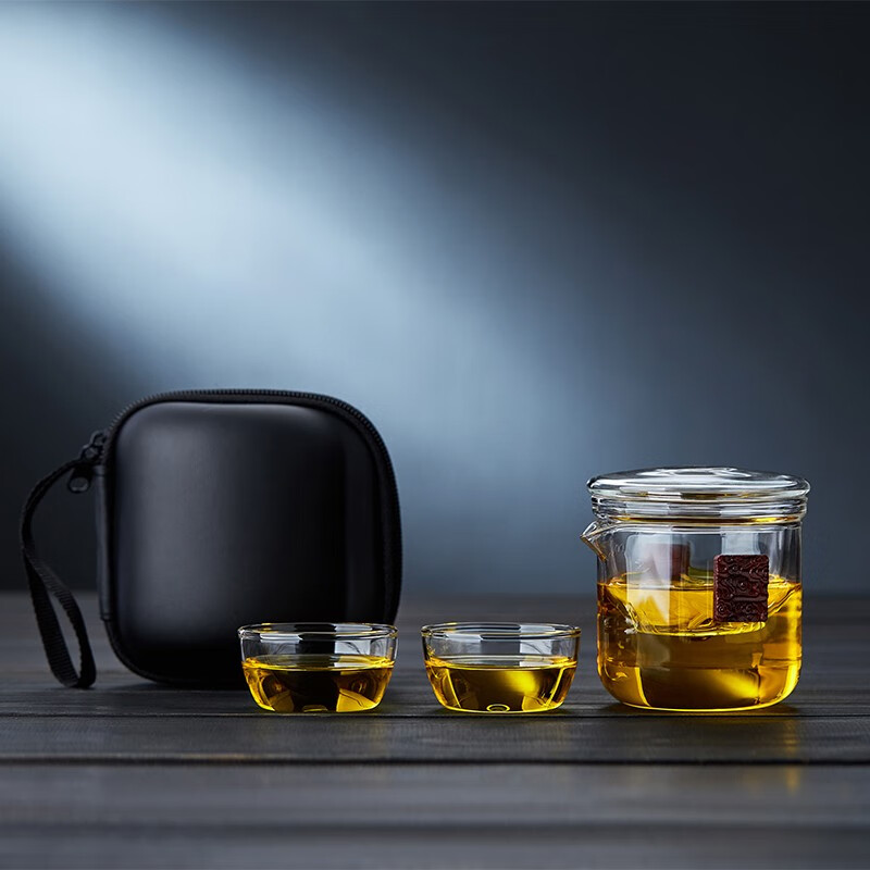 全度（Quandu）玻璃快客杯便携旅行茶具套装竹片防烫泡茶壶茶杯一壶二杯户外便携简洁茶具套装 璃片快客杯