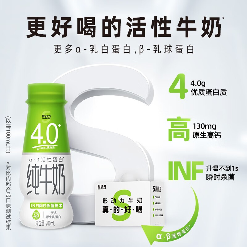 形动力（Shapetime）4.0纯牛奶6.0蛋白高钙常温纯牛奶200ml*12瓶/箱行动力 4.0蛋白4箱装【到手48瓶】