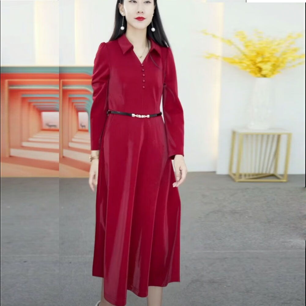 洋气纯色衬衫领裙中年时尚收腰连衣裙显瘦 红色 原版南韩七彩琉璃面料