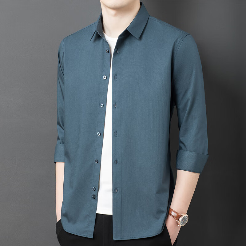 哈雷纳金狐狸 衬衫男纯色休闲长袖衬衫舒适透气衬衣男2201 摩登灰 175
