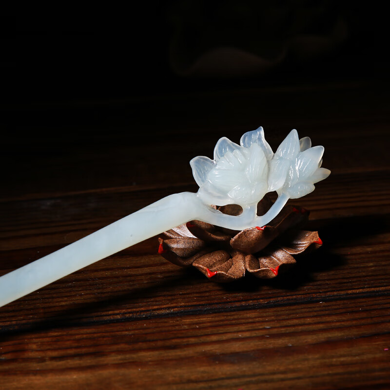 玉石 汉服头饰玉簪发簪岫玉发簪 莲花型 手工精雕玉簪子