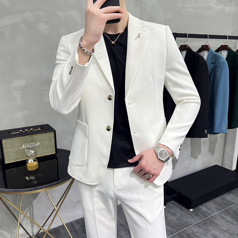 梦娇西服套装男士抗皱免烫潮牌白色小西装商务休闲新郎结婚主持男外套
