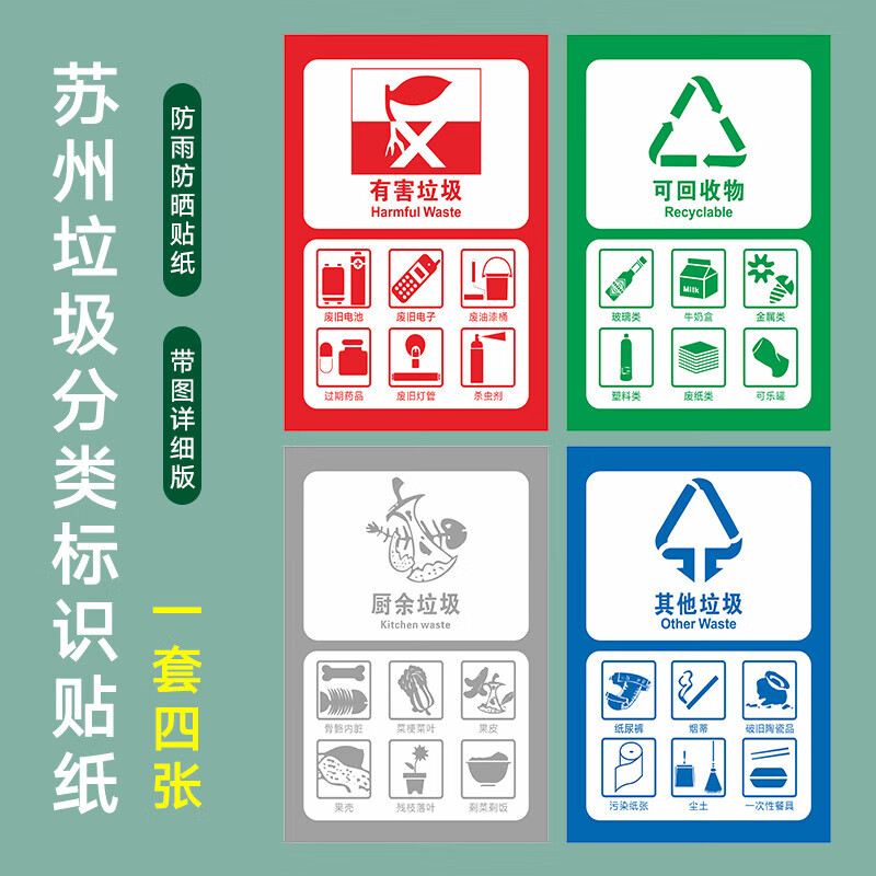 晗畅苏州市垃圾分类标识 贴纸 易腐垃圾有害垃圾厨余垃圾可回收物其他