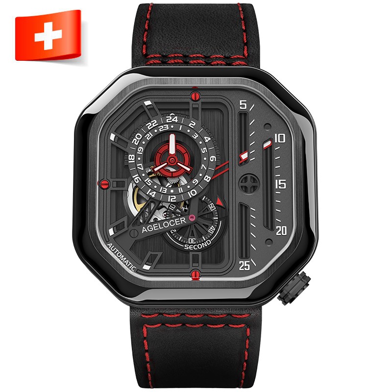 艾戈勒(agelocer)瑞士手表 大爆炸系列时尚镂空自动机械表 大表盘圆形潮男腕表 红间黑皮带 5804J4 44MM【明星同款】