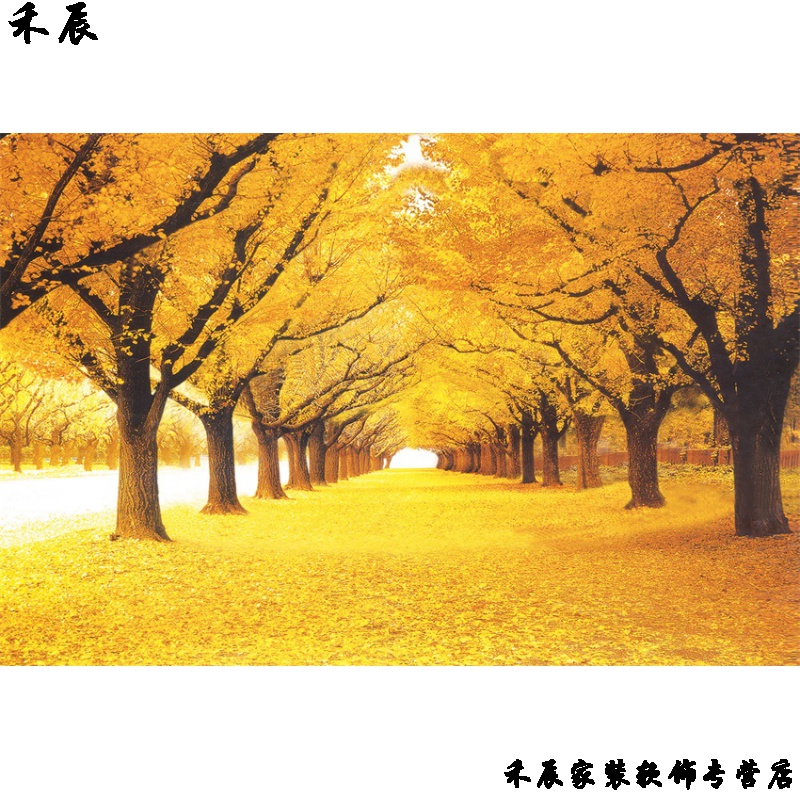 墙纸自粘桌面墙上贴画秋天风景海报红枫树林森林自然风光落叶阳光麦田