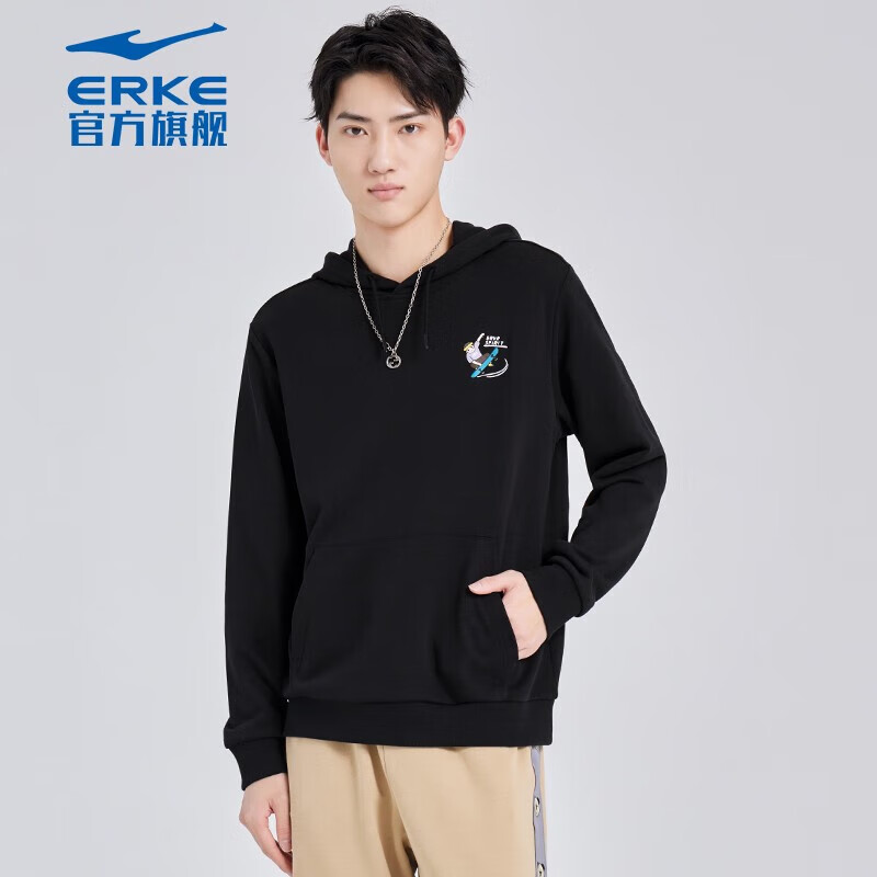 鸿星尔克滑板|卫衣男秋舒适防风印花兜套头衫带帽男士卫衣连帽上衣服 正黑 L