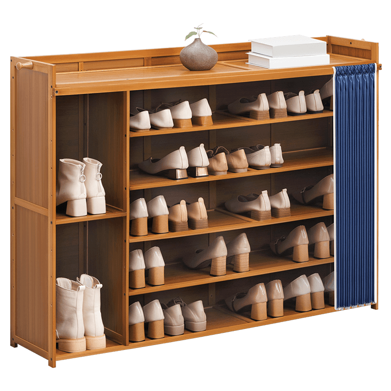 老竹匠简易落地多功能小鞋架客厅多层鞋柜子玄关简约家用竹换鞋凳置物架防尘大容量鞋凳门帘经典款六层127长
