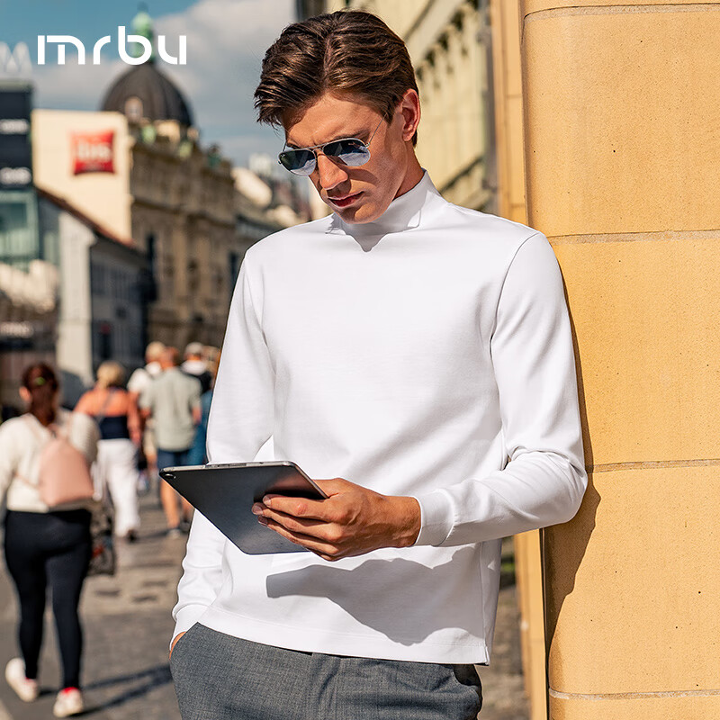 布先生半高领打底长袖上衣秋冬新款休闲男士t恤 象牙白 L/175 