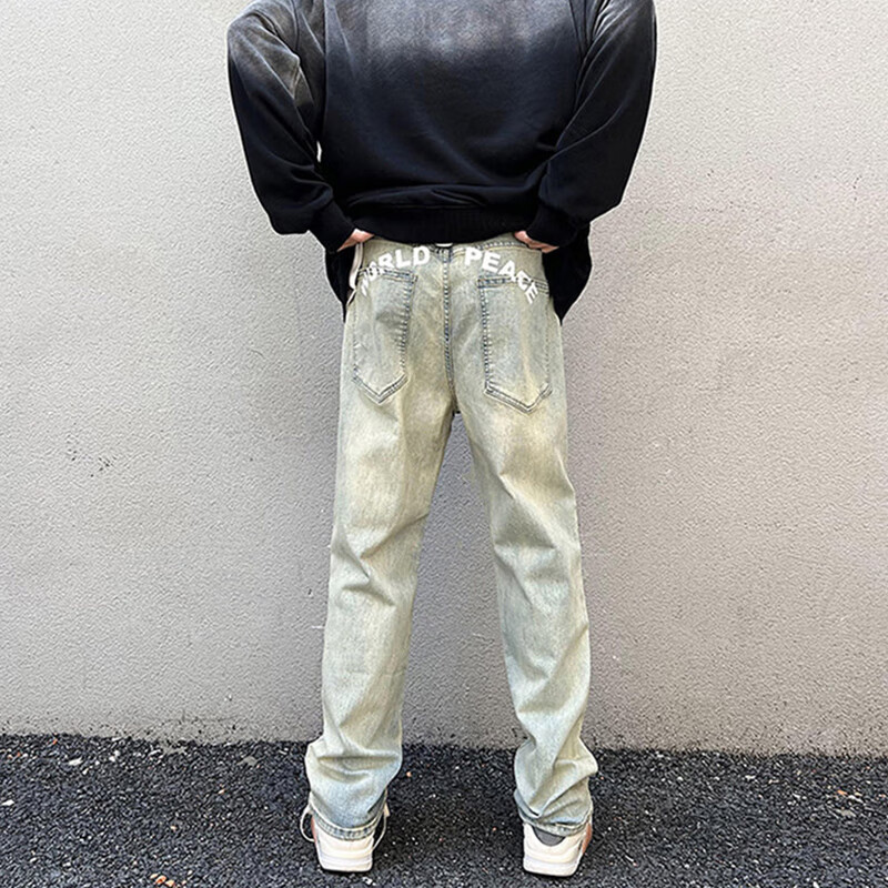 勒足bei美式复古高街裤子oldschool黄泥染怀旧弹力牛仔裤字母印花长裤