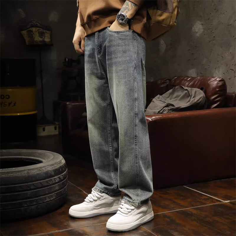 古先森美式复古牛仔裤男秋冬季宽松直筒休闲裤水洗做旧潮牌高街长裤子 蓝色 31 【130-140斤】