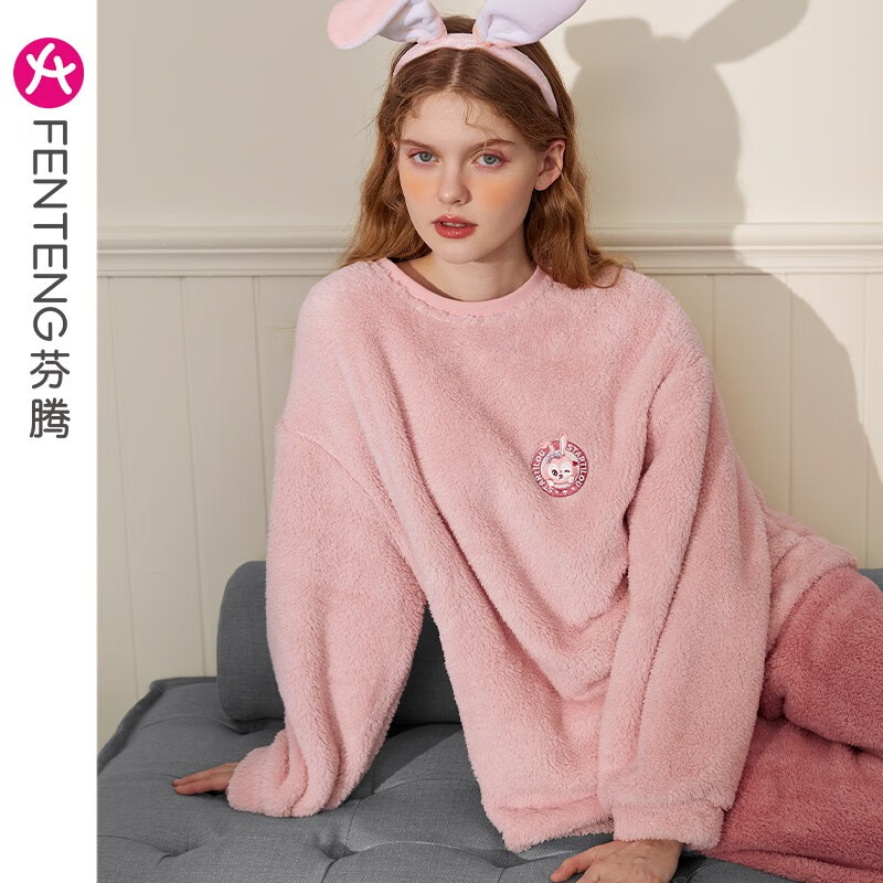 芬腾【羊羔绒】情侣睡衣女秋冬新款加厚珊瑚绒加大码家居服男套头套装 初恋粉【单女款】 M 建议:女90-110斤,男100-120斤