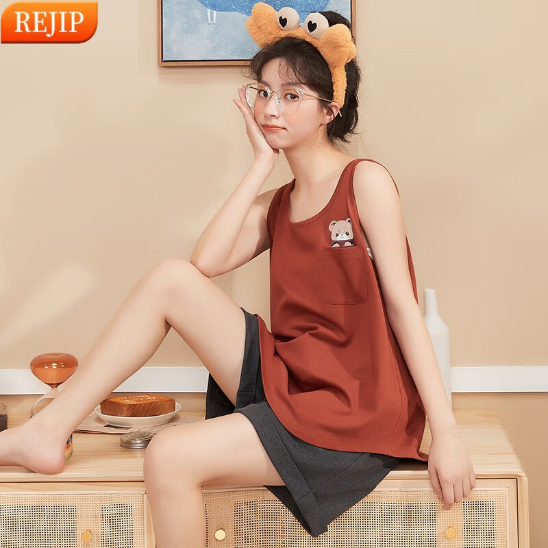 rejip女士新款背心短裤吊带睡衣套装卡通少女棉质学生夏季家居服可外