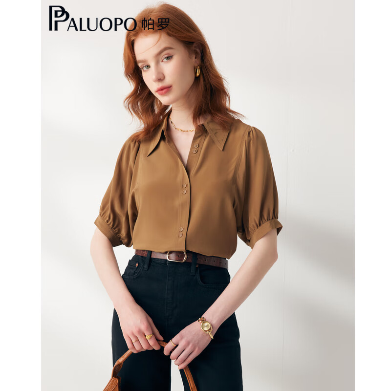 帕罗（PALUOPO）【慵懒气质】夏季季真丝衬衫领质感纯色泡泡袖桑蚕丝女士上装衬衣 浅军绿 2XL (175/96A)