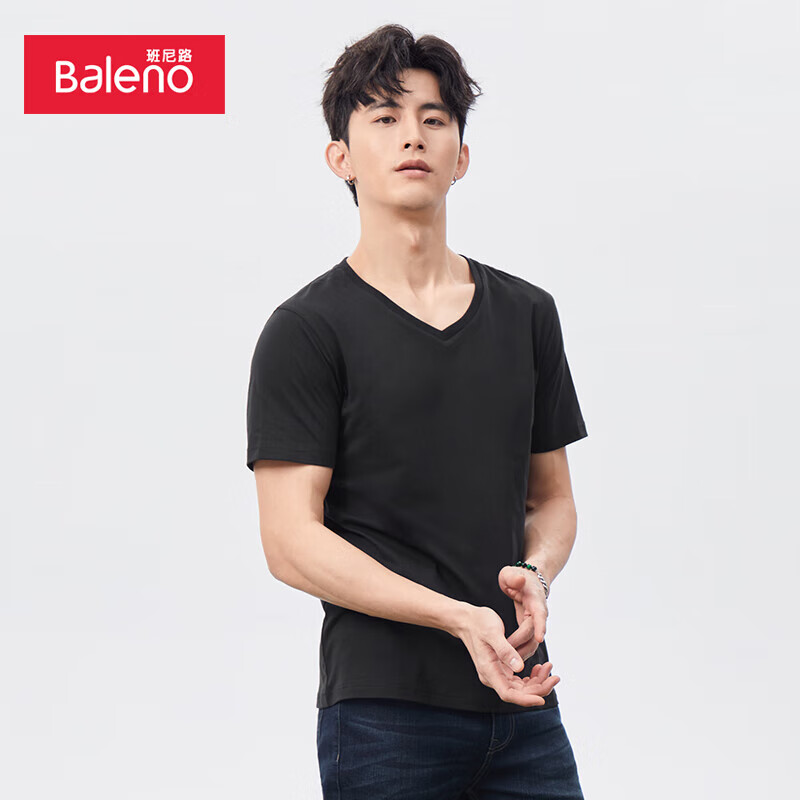 班尼路（Baleno）新疆棉纯色休闲t恤修身短袖v领男 00A纯黑-V领 XL 