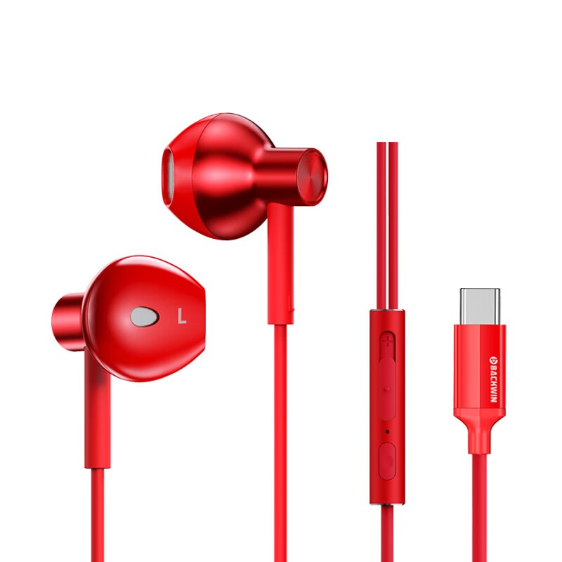 backwin TypeC耳机小米k40 11美图T9华为p40 mate30pro手机耳机入耳式 红色 type-c扁插头