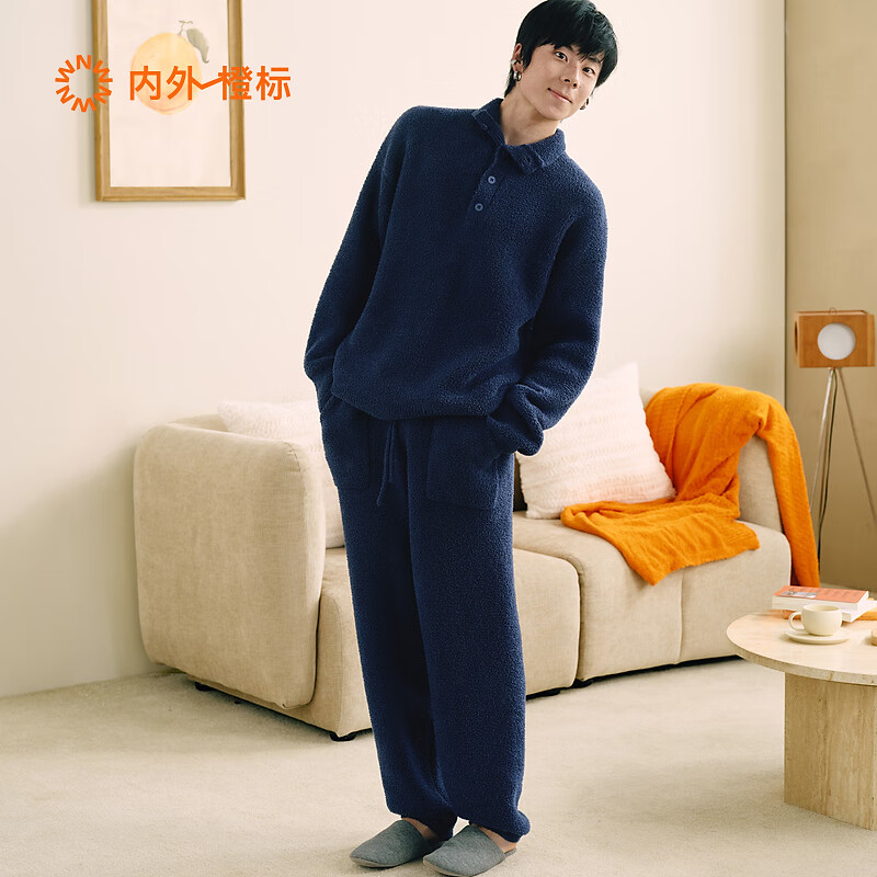 内外橙标情侣千层绒圆领高领睡衣家居服套装可外穿保暖半边绒新年礼物 男士高领-靛蓝色 L （女120-130斤，男130-150斤）