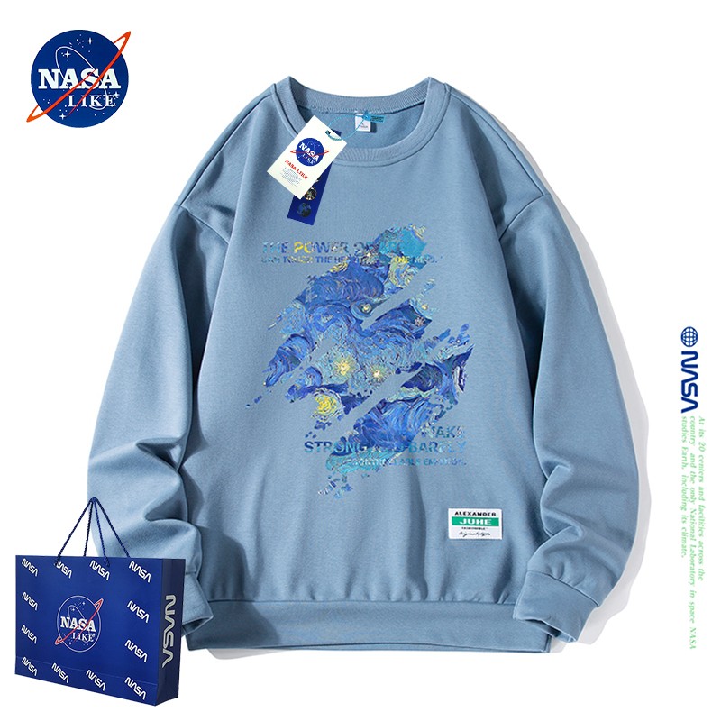 NASA LIKE 官方潮牌卫衣男春秋季潮流印花圆领长袖t恤男士落肩袖加绒打底衫 蓝色 XL（建议110-125斤）