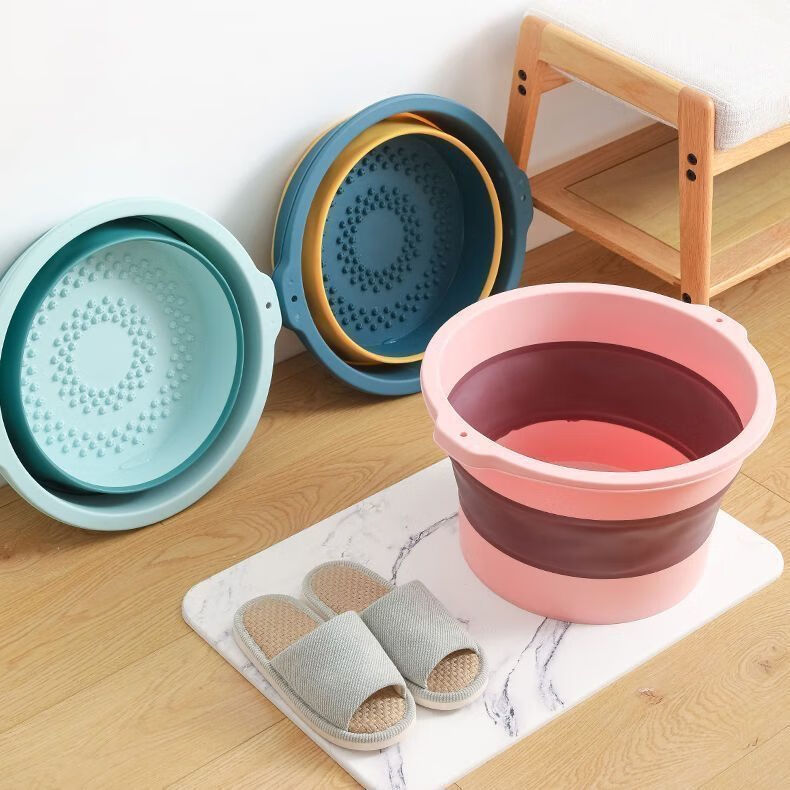 可折叠足浴盆家用节省空间塑料按摩洗脚盆过小腿过膝高泡脚桶盆子 【一边泡脚+一边按摩】#蓝色#