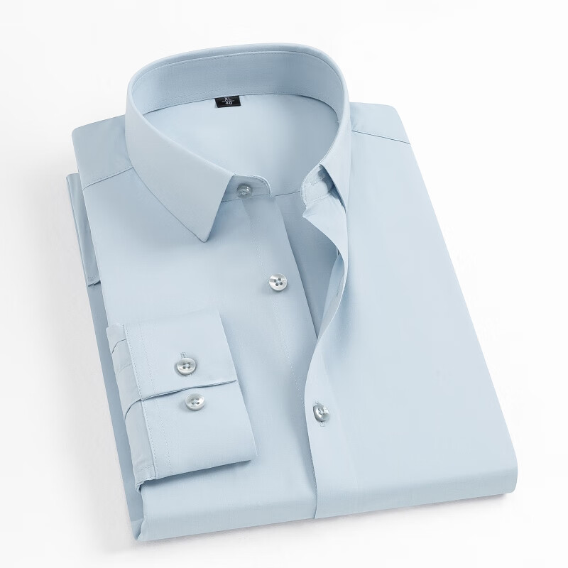 阿尼司伦贵族轻奢长袖衬衫男纯色方领商务休闲男士职业百搭打底免烫衬衣男 303天蓝色【桑蚕丝混纺款】 41码【建议146-159斤】