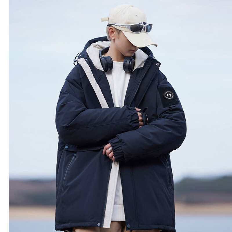 雪中飞舒适百搭男士连帽潮款羽绒服外套时尚休闲保暖防寒 黑色 2XL 185/100A