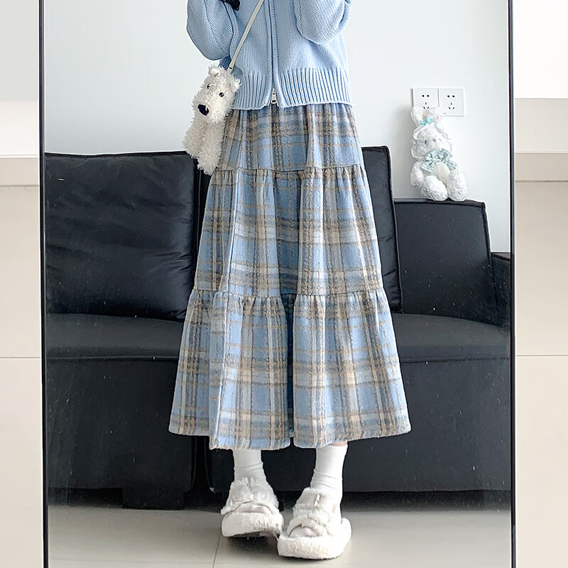 娅诗凡蓝色格子裙女春秋冬2024新款高腰a字显瘦中长款裙毛呢半身裙 蓝色 S