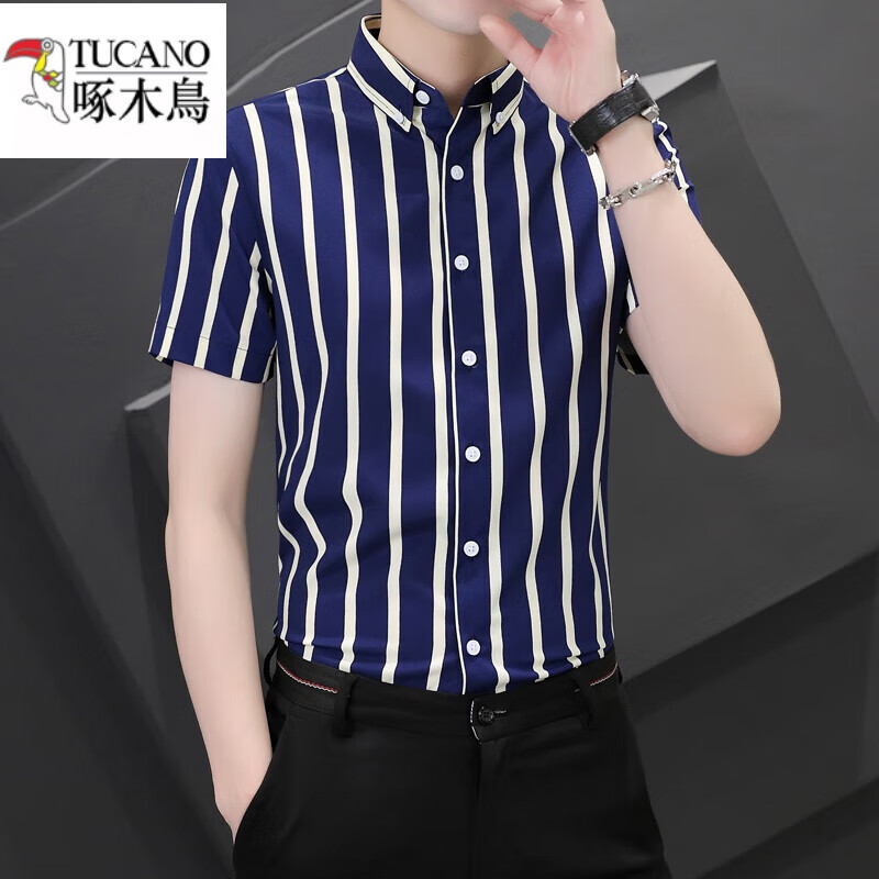 啄木鸟(tucano)夏季男士短袖衬衫韩版潮流帅气修身条纹衬衣弹力免烫