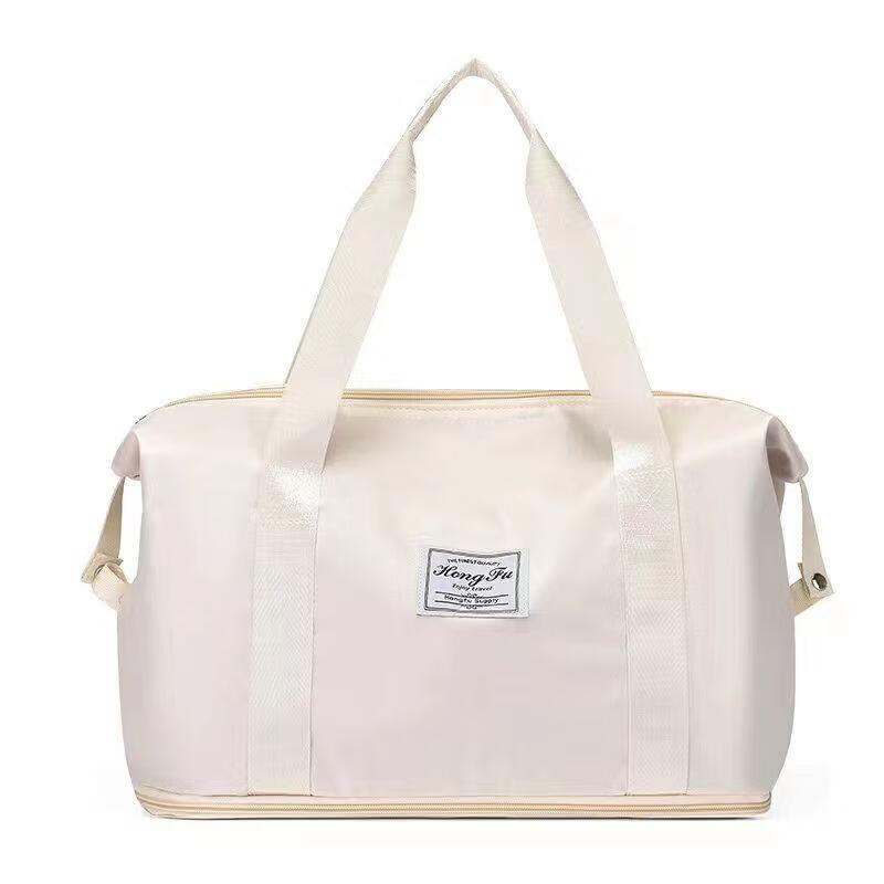 时尚短途手提旅行包旅行袋大容量收纳包单肩包女士运动瑜伽健身包 米白色 京东折扣/优惠券