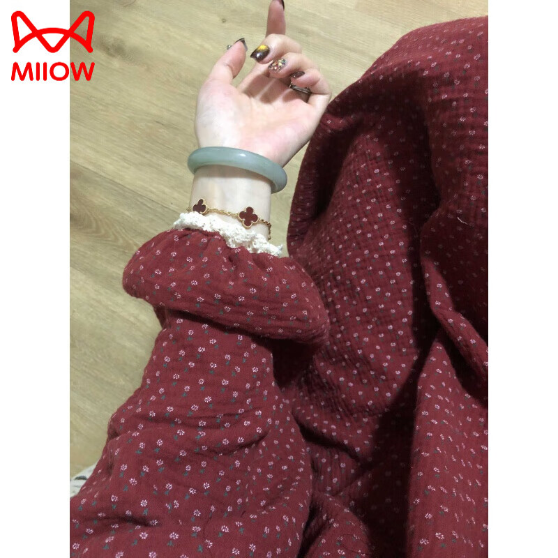貓人（MiiOW）少女復古碎花雙層棉紗睡衣女春秋款純棉家居睡裙可外穿連衣裙大碼 圖片色 M (建議95-110斤)