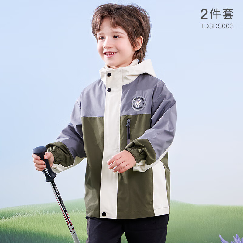 迪士尼男童秋冬两件儿童外套三合一中大童保暖防风衣宝宝 灰绿 含可拆卸摇粒绒内件 150 适合11-13岁