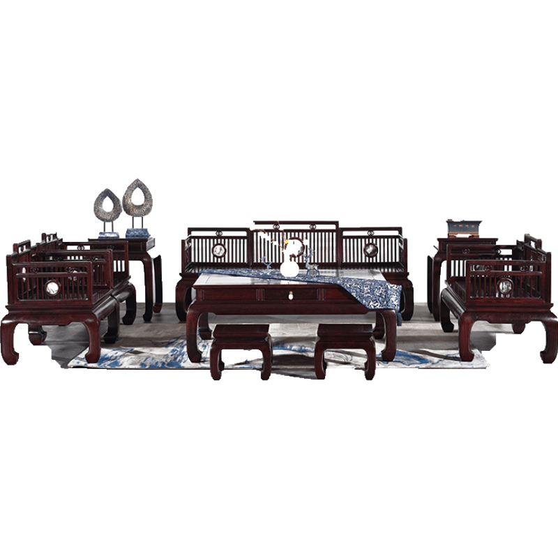 贡艺名居 血檀(学名:染料紫檀)沙发九件套组合客厅全实木新中式仿古套装组合 沙发八件套(1+1+3)