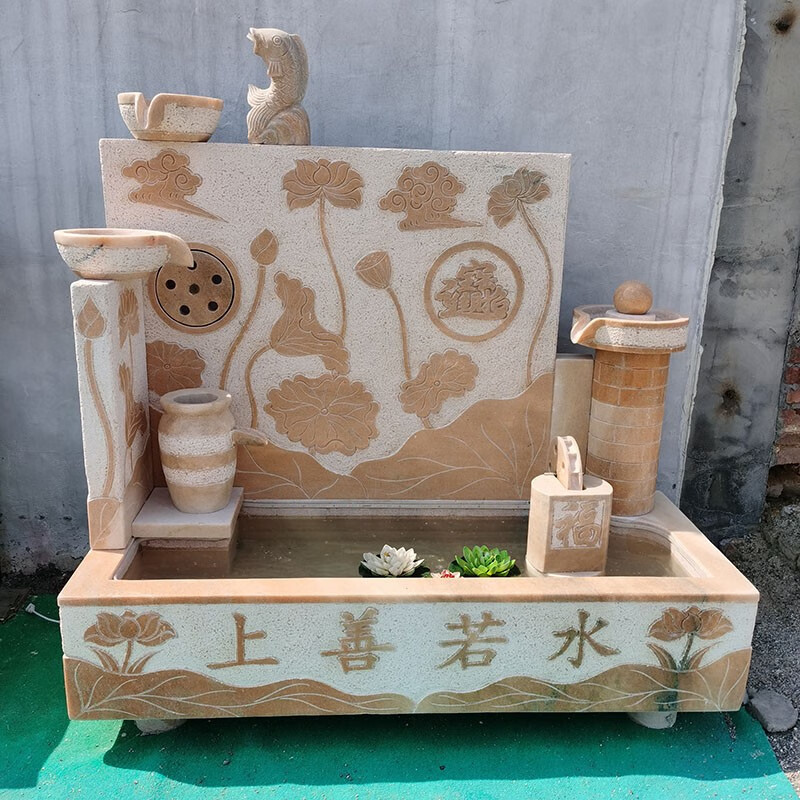 新款 石雕流水庭院装饰大石缸鱼缸石头石材花盆摆件晚霞红水缸洗 上善