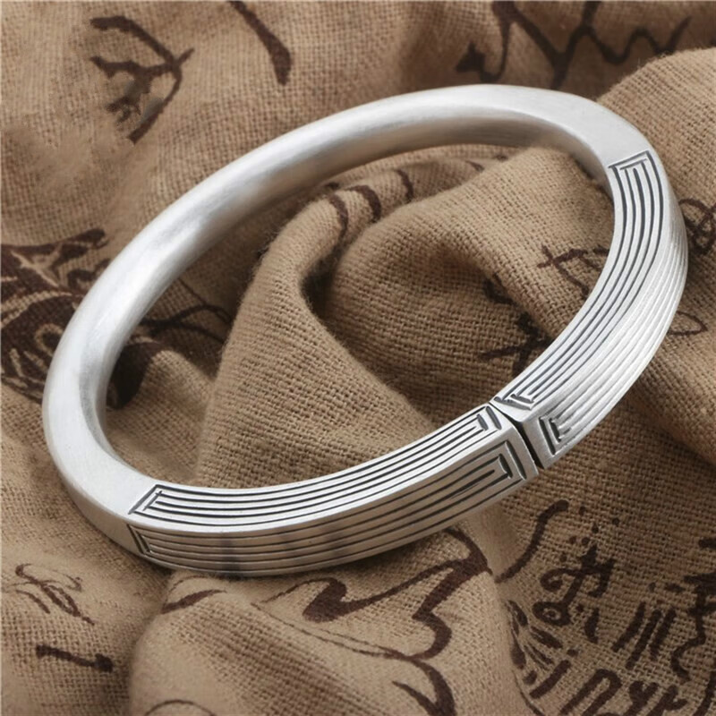 雅隐999足银情侣手工回纹银手镯时尚简约爱轮回古法银手环定制刻字 40